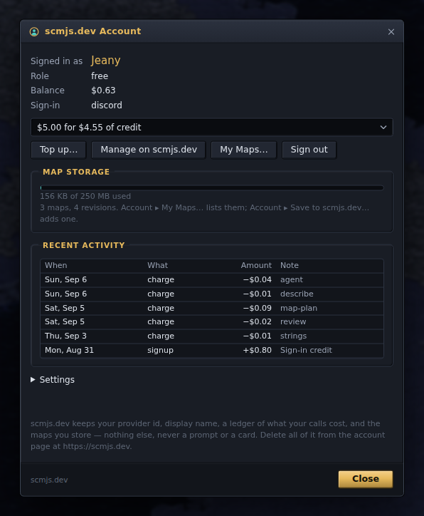 The Account dialog, signed in