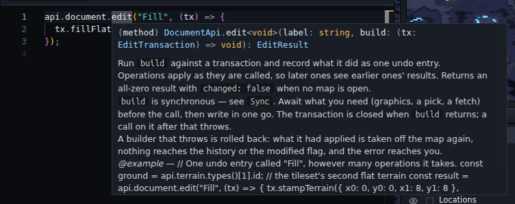 Hovering over api.document.edit in the playground shows its documentation