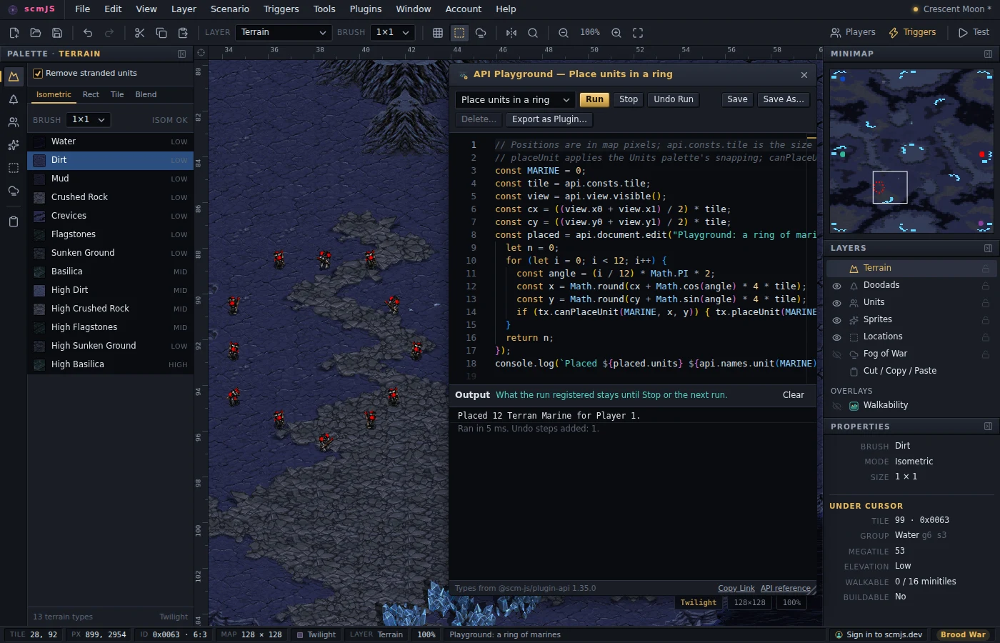 The API Playground beside the map: the "Place units in a ring" example has run, and the marines it placed are on the map