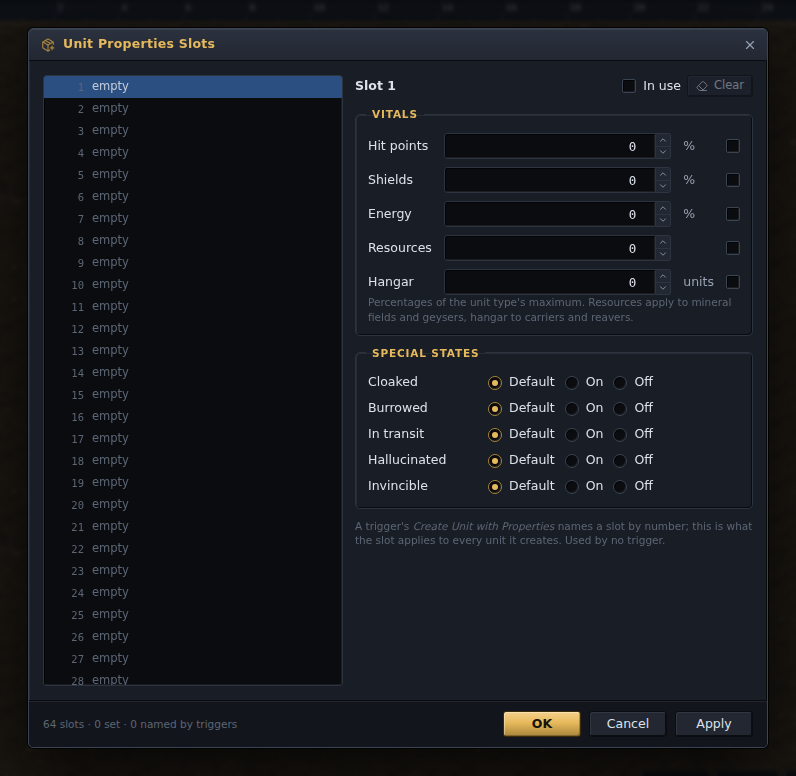 The Unit Properties Slots dialog