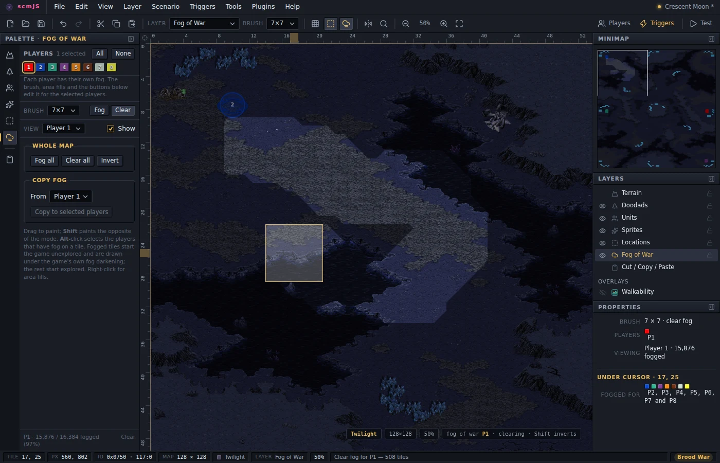 The Fog of War layer at 50% zoom, clearing an area for Player 1