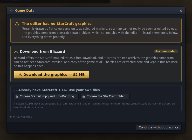 The Game Data dialog on first use, before any graphics are installed