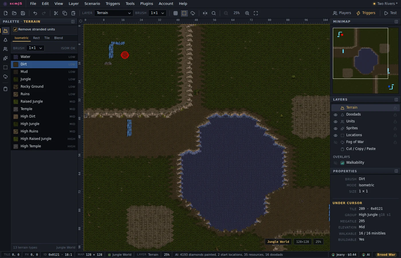 The plan applied: a two-player jungle map with a lake in the middle