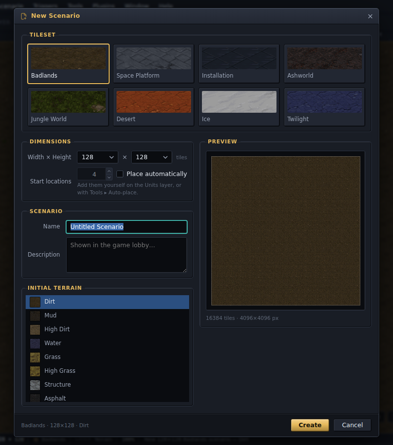 The New Scenario dialog