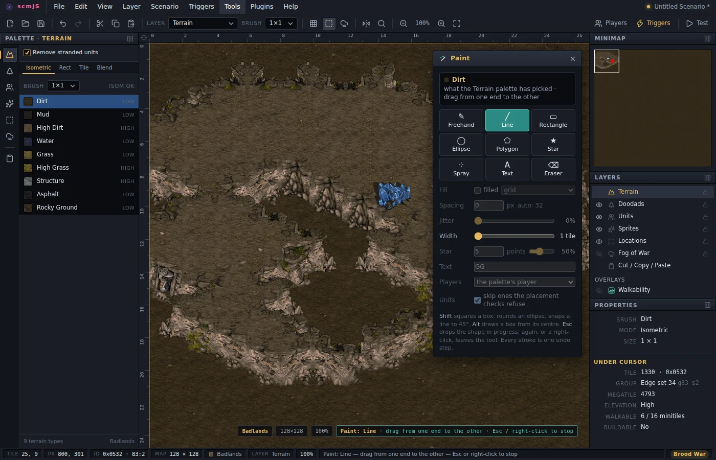 The Paint panel, drawing a line of the terrain palette's pick