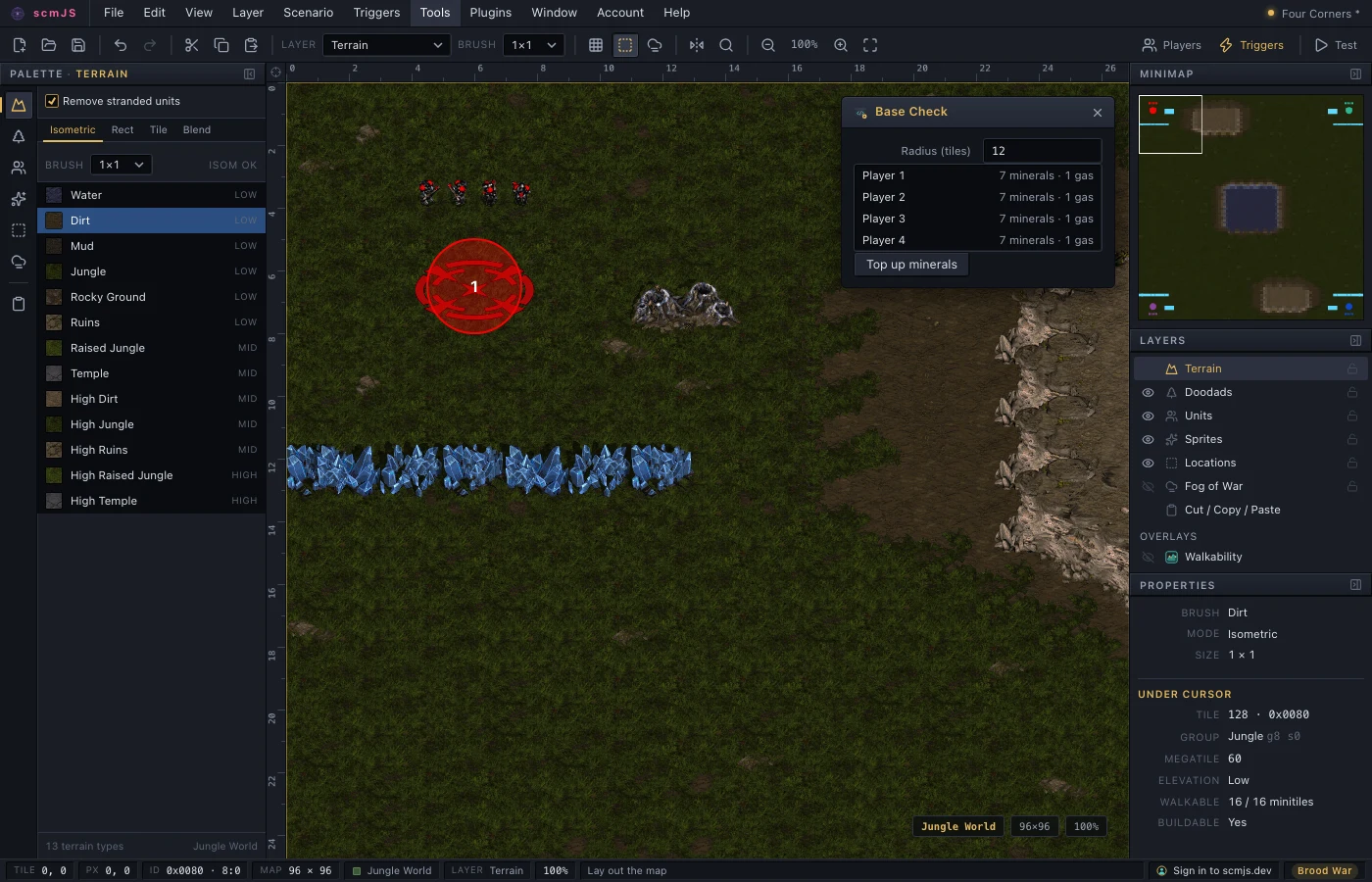 Base Check running: its panel lists four players with seven mineral fields and one geyser each, over a map with a start location, a mineral line and a geyser