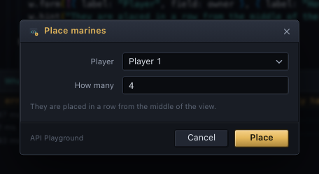 The Place marines dialog: a Player drop-down, a How many field, a hint, and Cancel and Place buttons