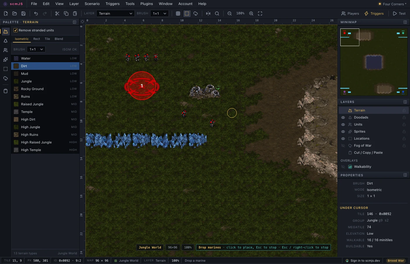 The Drop marines tool running: two marines placed, a ring under the pointer, and the tool's name and hint in the status bar