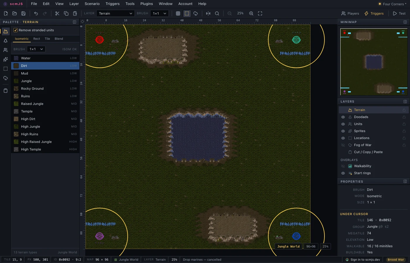 The Start rings overlay on a four-player map zoomed out: a ring round each start location, and a Start rings row under Overlays in the Layers panel