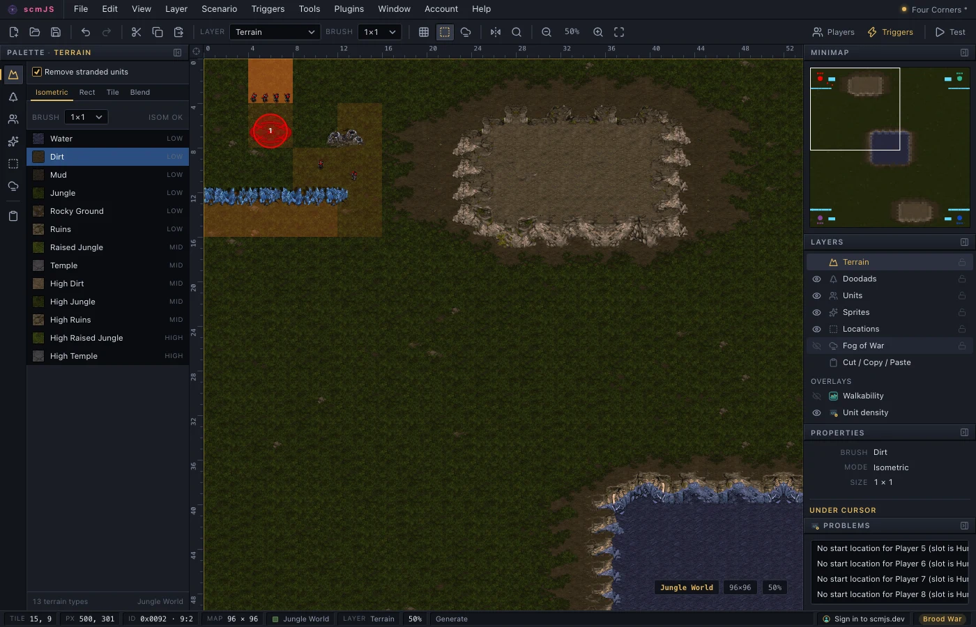 A docked Problems panel listing Check Map's findings, and the Unit density overlay tinting the blocks of the map that hold units