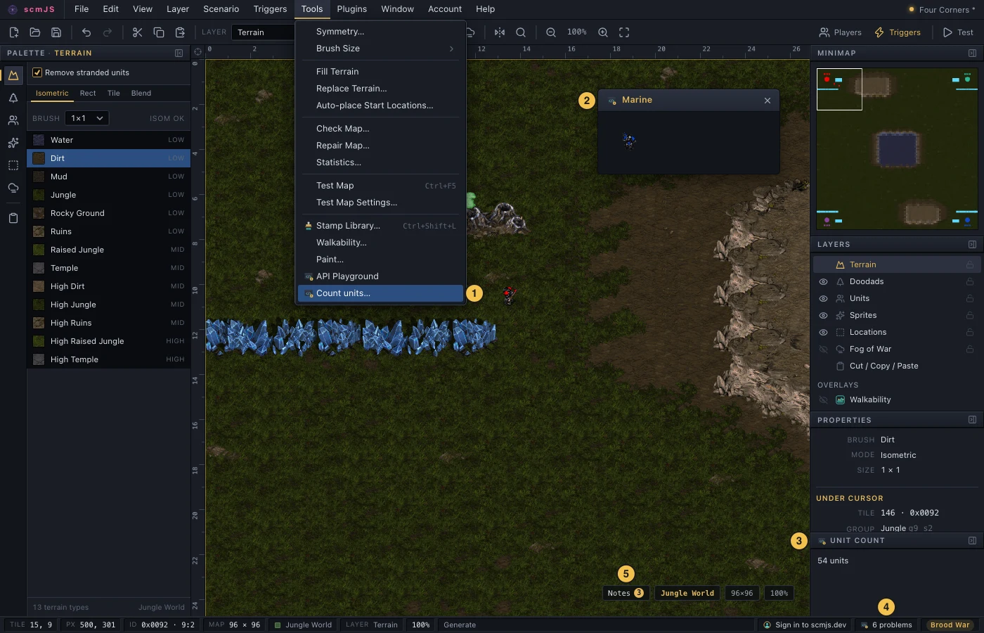 The editor with plugin UI in five places, numbered