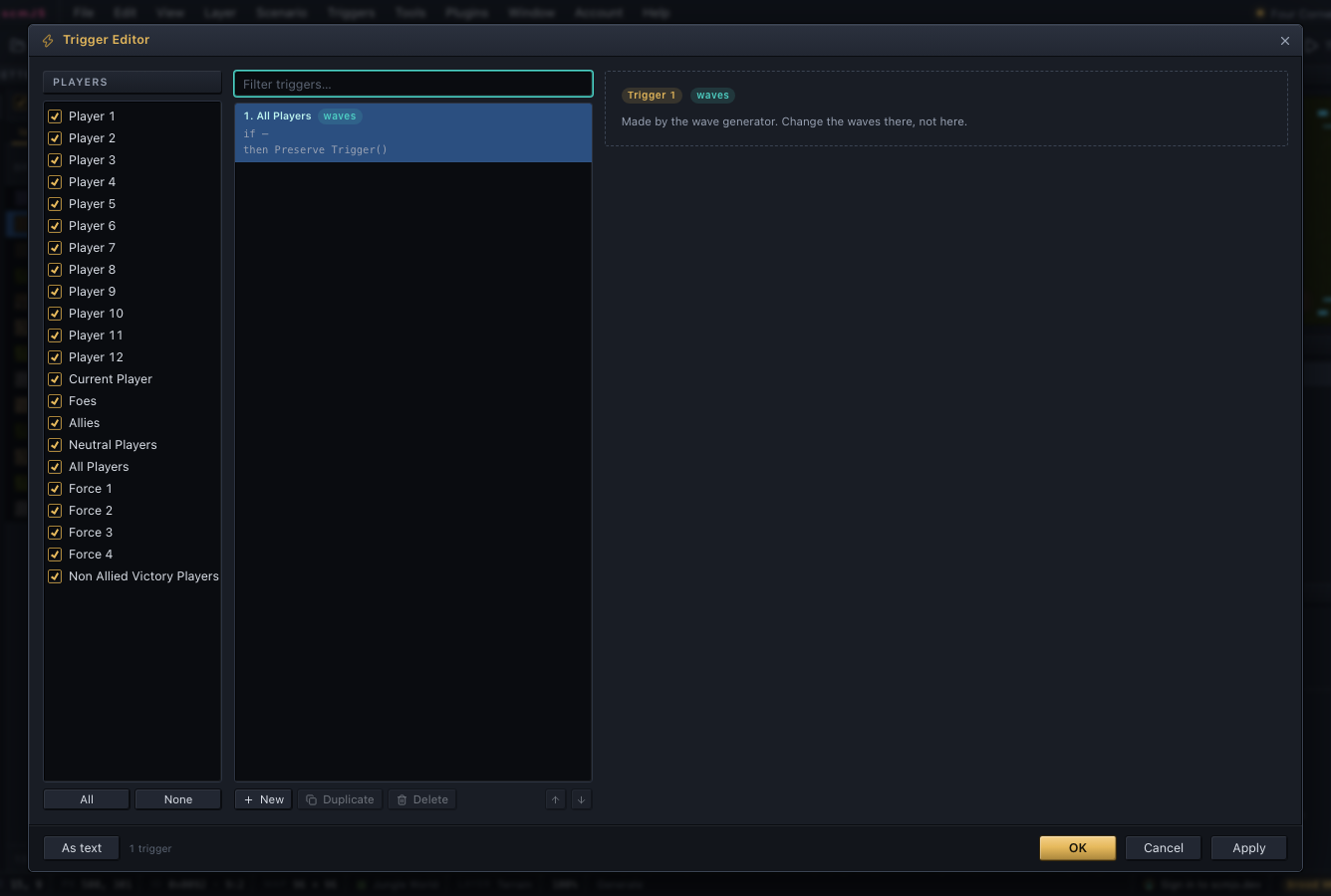 The Trigger Editor with a claimed trigger: the row has a "waves" badge and the right-hand side shows the plugin's description in place of the form. An "As text" button added by a plugin is at the bottom left
