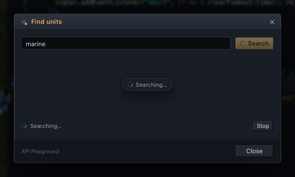 The Find units dialog while it searches: the Search button and the results box show a spinner, and the status line reads Searching… with a Stop button