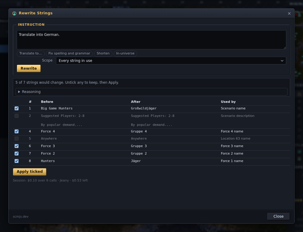 Rewrite Strings: every string in use, translated, with a tick per row