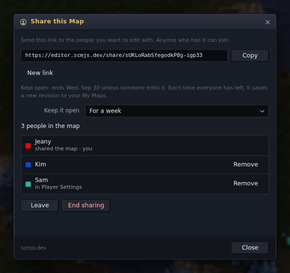The Share dialog while the map is shared: the link, how long it is kept open, the three people in it, and Leave and End sharing