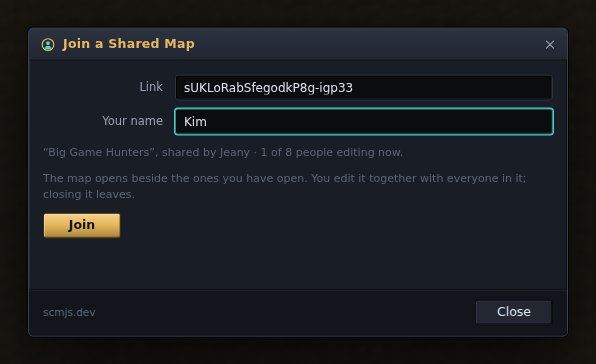 Joining from a link: the map's name, who shared it, and the name the others will see