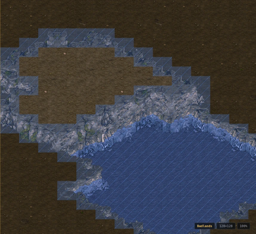 The buildability overlay hatches the tiles a building cannot stand on