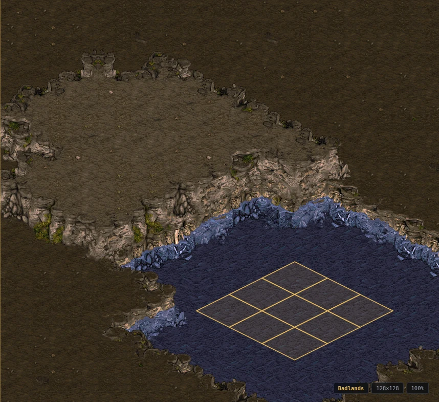 Cliffs and a shore laid by the isometric brush, with a 3×3 brush ghost