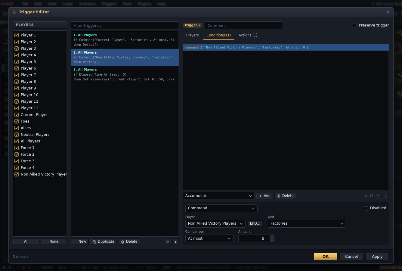 The Trigger Editor on Big Game Hunters' three melee triggers