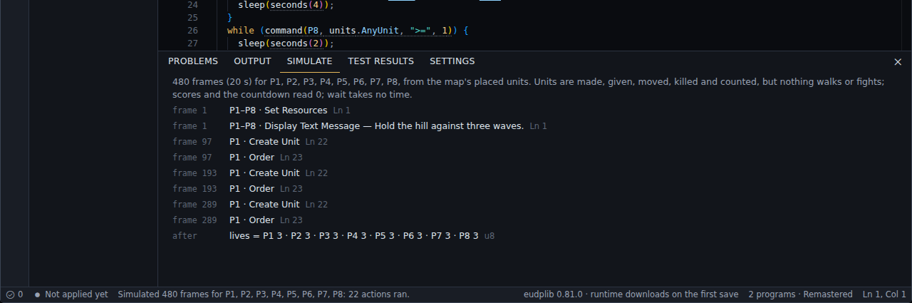 Simulate: the script's actions, each with its frame and line