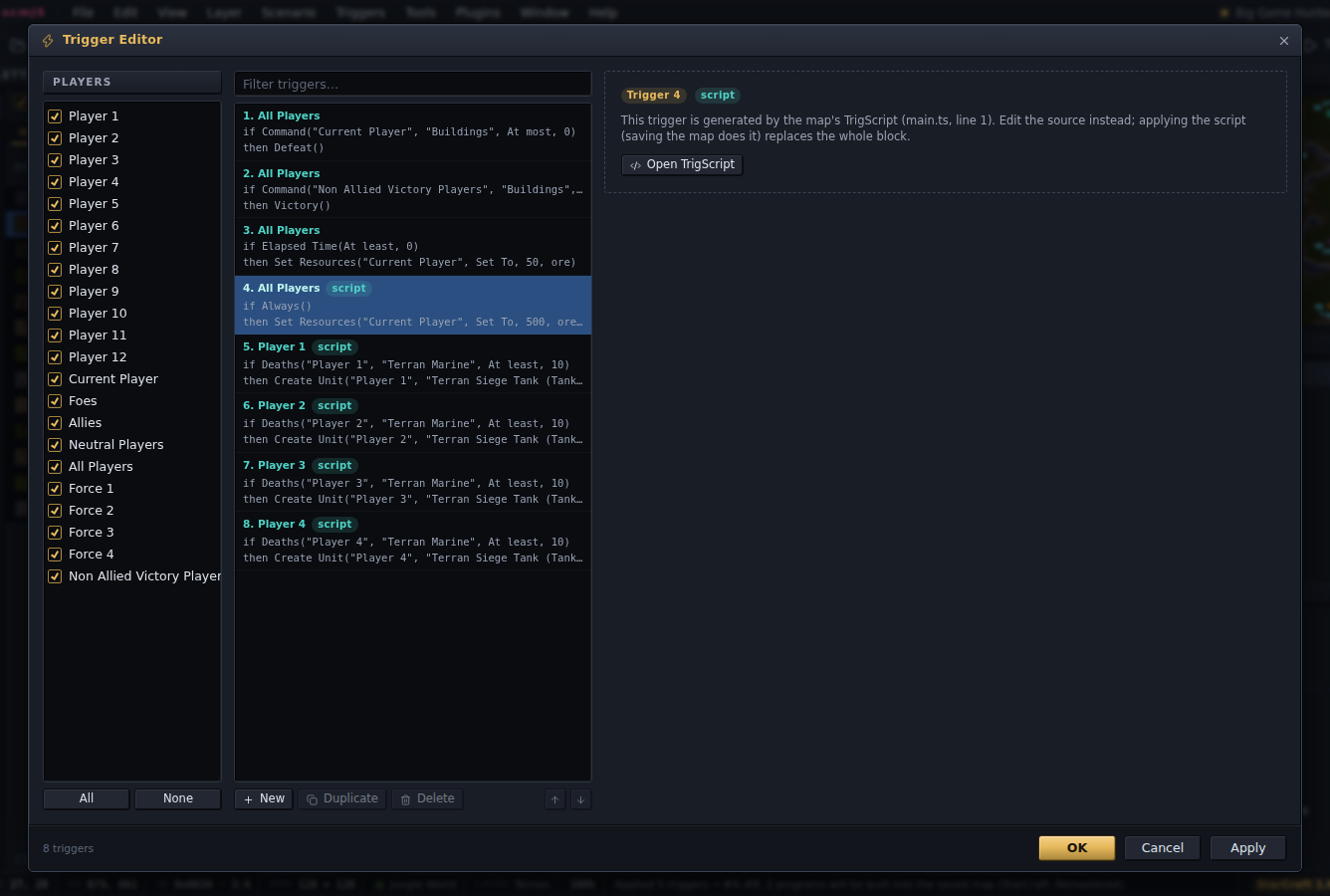 The Trigger Editor on an applied script: the generated rows badged, and the way back to the line that made one