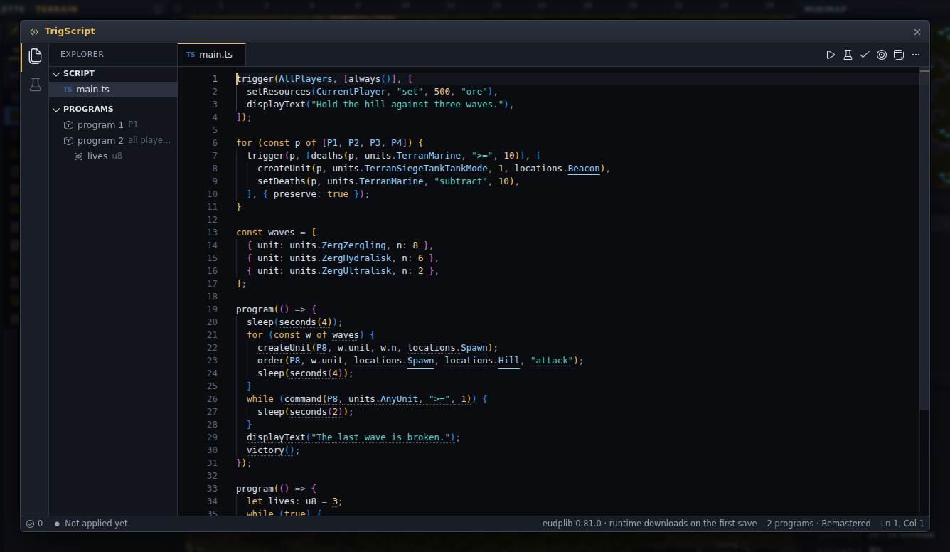 The TrigScript editor on a wave-defence script: the files on the left and the code checked as you type