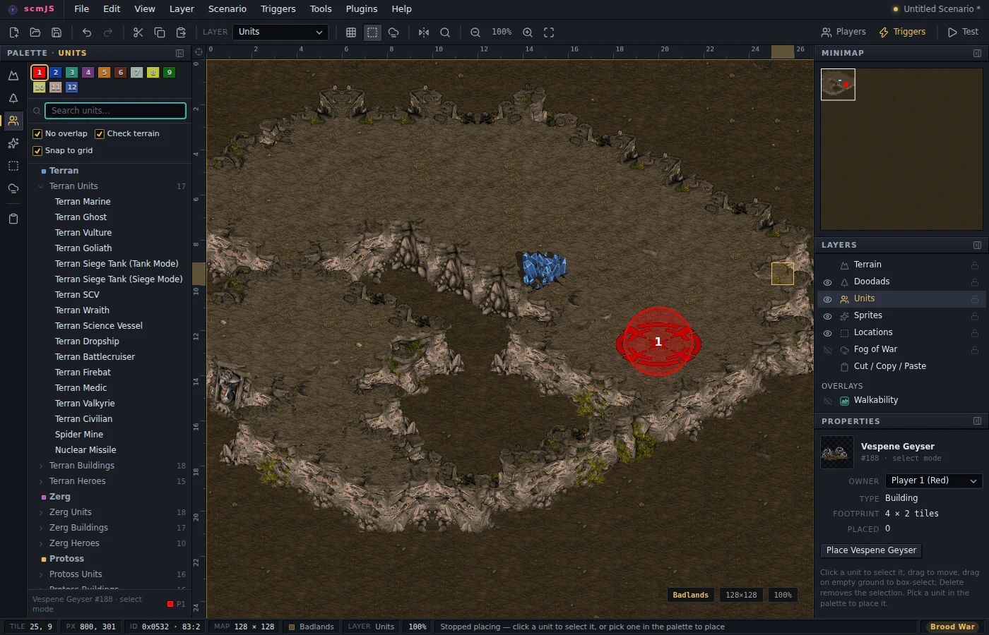 A start location with minerals and a geyser