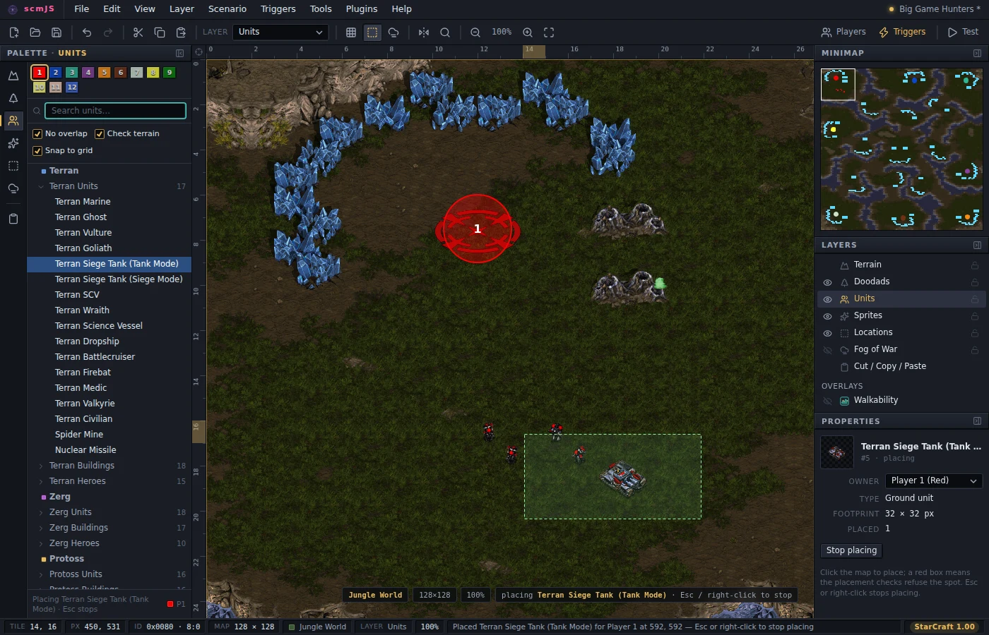 The Units layer: marines placed, and a tank refused because it overlaps them